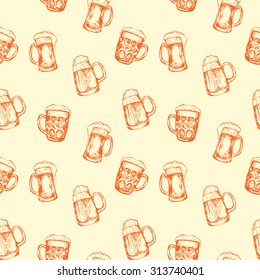 Seamless background with different glasses of beer