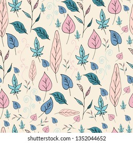 Seamless background with different green, pink and blue leaves. Endless pattern on  light beige background for your design. Vector image.   
