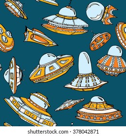 Seamless background with different hand drawn UFO