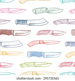 Seamless background with different hunting knives. hand-drawn illustration