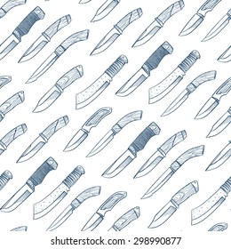Seamless background with different hunting knives. hand-drawn illustration