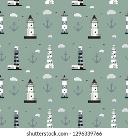 Seamless background with different Lighthouses isolated on grey background. With cloud, anchor, sky and birds