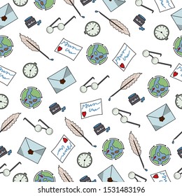 Seamless background with different mail items, set icons