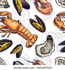 Seamless background of different marine animals. Hand-drawn illustration