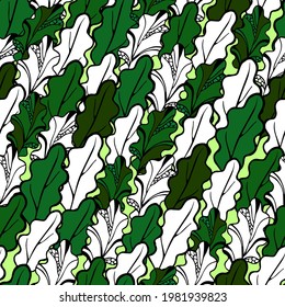 Seamless background from different oak leaves. Vector pattern for creating backgrounds, fabrics, cards, banners, posters, napkins, packaging, etc.
