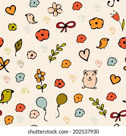 Seamless background with different objects and cute character