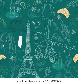 Seamless background with different Paris doodle elements,vector illustration for design