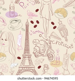 Seamless background with different Paris doodle elements,  vector illustration