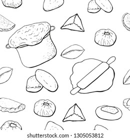 Seamless background with different pastries, pies, buns, flier, cheesecakes. Dough, rolling pin, yeast dough in the pan. All on white. For design, menu, bakery, cafe, restaurant, packaging. Coloring.