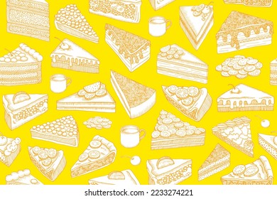 Seamless background with different pieces of cakes. Hand drawn vector drawing in orange lines of cheesecakes, cakes, cups of tea or coffee on a yellow background