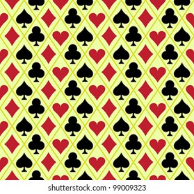 Seamless background with for different playing card symbols. Vector illustration. Easy to edit.