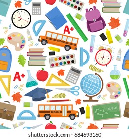 Seamless Background Of Different School Supplies. First Day Of School, Back To School Flat Icons. Vector