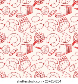 Seamless background with different sketch food. meat, cheese, bread