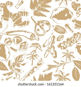 Seamless background with different spices on white background