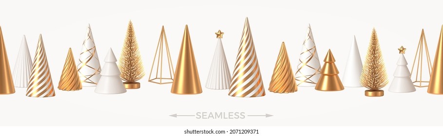 Seamless background with different style Christmas tree. White and golden 3d render realistic Christmas trees cone. Christmas decorations. Vector illustration.