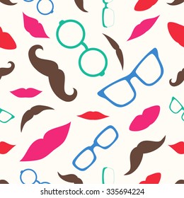 Seamless background with different styles of colorful glasses, mustaches and lips. Vector pattern with a beige background. 
