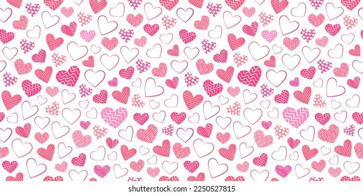 Seamless background with different stylized hearts. Background for Valentine's Day, birthday or wedding. Pink hearts on a white background