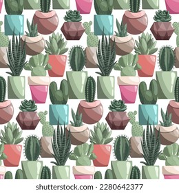 Seamless background with different succulents in ceramic pots on white. Cacti, opuntia, prickly pear, sansevieria, echevieria.
