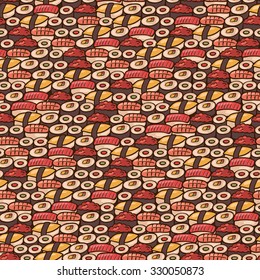 Seamless background with different sushi, vector illustration.
