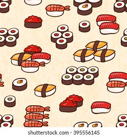 Seamless background with different sushi, vector illustration