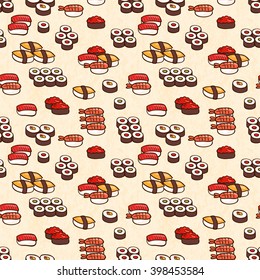 Seamless background with different sushi, vector illustration