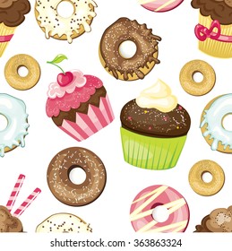 Seamless background with different sweets and desserts. tiled donuts and cupcakes pattern. Cute wrapping paper texture. Vector illustrated