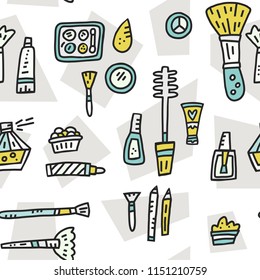 Seamless background with different symbols of cosmetics and make up.