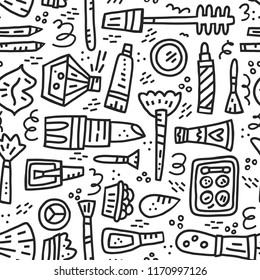 Seamless background with different symbols of cosmetics and make up.