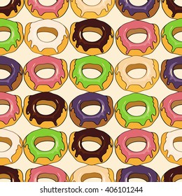 Seamless background with different tasty donuts, vector
