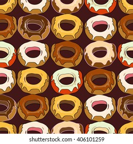 Seamless background with different tasty donuts, vector