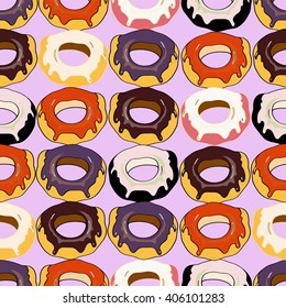 Seamless background with different tasty donuts, vector