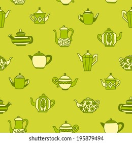 Seamless background with different teapots in green tone.