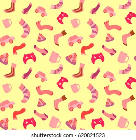 Seamless background of different things that are associated with men.Simple cute vector pattern in small-scale elements on the colored background. Background for manufacturing, print, fabric design.
