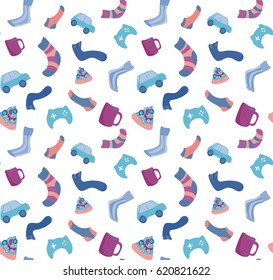 Seamless background of different things that are associated with men.Simple cute vector pattern in small-scale elements on the colored background. Background for manufacturing, print, fabric design.
