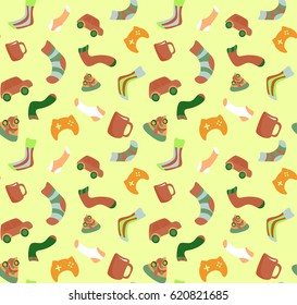 Seamless background of different things that are associated with men.Simple cute vector pattern in small-scale elements on the colored background. Background for manufacturing, print, fabric design.
