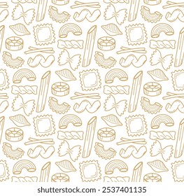 Seamless background with different types of pasta. Pattern with  hand drawn linearly food