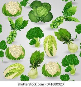 Seamless background with different varieties of cabbage.