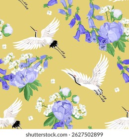 Fondo sin fisuras con digitálicos, peonías y grúas sobre fondo beige. Para la decoración textil, embalaje, Fondo de pantalla. Ilustración vectorial.