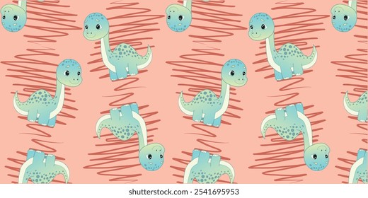 Seamless background with dinosaur and abstract line on a peach background. Vector illustration for children's textiles, clothing, gift wrapping, banner, photo album and other creative projects.