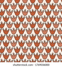 Seamless background dinosaur foot print gender neutral baby pattern. Simple whimsical minimal earthy 2 tone color. Kids nursery wallpaper or boho cartoon animal fashion all over print.