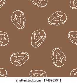 Seamless background dinosaur foot track fossil gender neutral baby pattern. Simple whimsical minimal earthy 2 tone color. Kids nursery wallpaper or boho cartoon animal fashion all over print.