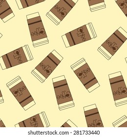 Seamless background with disorderly situated contour illustration of take away coffee cup with cardboard holder decorated with lettering coffee and coffee beans isolated on yellow background