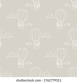 Seamless Background Dog In Hot Air Balloon Gender Neutral Baby Pattern. Simple Whimsical Minimal Earthy 2 Tone Color. Kids Nursery Wallpaper Or Boho Cartoon Animal Fashion All Over Print.