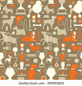 Seamless background with dog silhouettes and accessories.