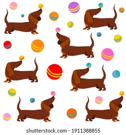 Seamless background with dogs.  Children's seamless pattern with Dachshund dogs on white background in cartoon style. Cute texture for kids room design, Wallpaper, textiles. Vector Illustration