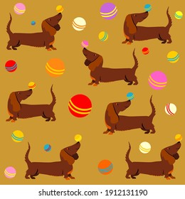 Seamless background with dogs.  Children's seamless pattern with Dachshund dogs on white background in cartoon style. Cute texture for kids room design, Wallpaper, textiles. Vector Illustration