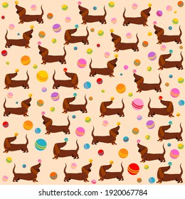 Seamless background with dogs.  Children's seamless pattern with Dachshund dogs on pastel background in cartoon style. Cute texture for kids room design, Wallpaper, textiles. Vector Illustration