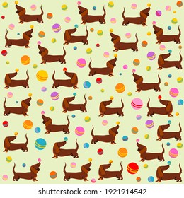 Seamless background with dogs.  Children's seamless pattern with Dachshund dogs on white background in cartoon style. Cute texture for kids room design, Wallpaper, textiles.  Illustration