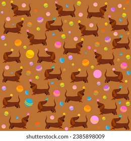 Seamless background with dogs.  Children's seamless pattern with Dachshund dogs on white background in cartoon style. Cute texture for kids room design, Wallpaper, textiles. Vector Illustration