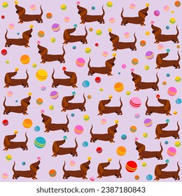 Seamless background with dogs.  Children's seamless pattern with Dachshund dogs on pink background in cartoon style. Cute texture for kids room design, Wallpaper, textiles. Vector Illustration